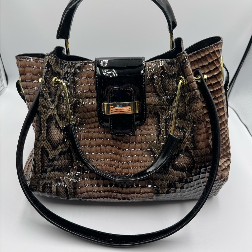 Elegant Brown Croco Faux Patent Leather Handbag/Crossbody, Gold Hardware, Unique
